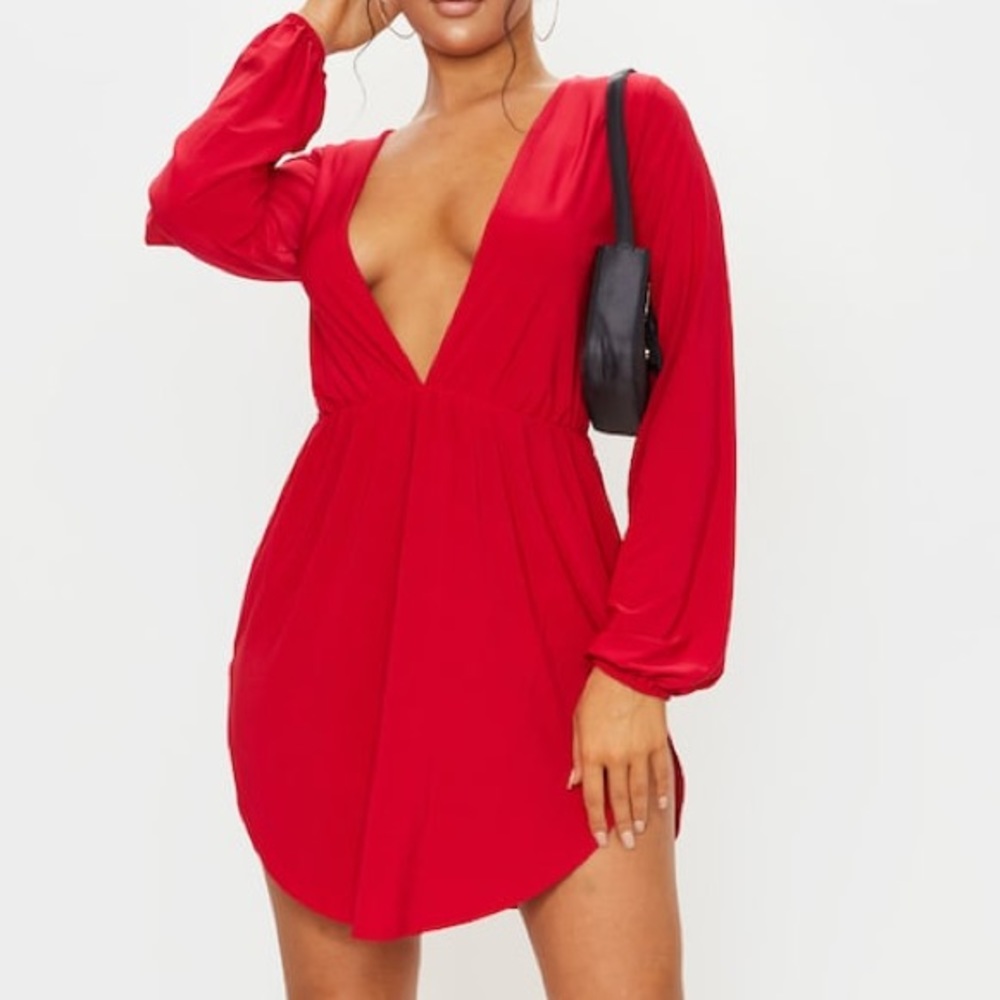 Red Slinky Plunge Extreme Split Shift Dress
